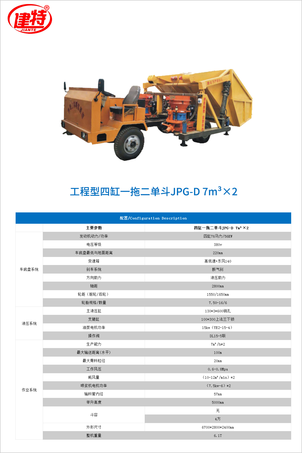工程型四缸一拖二单斗JPG-D 7m³×2